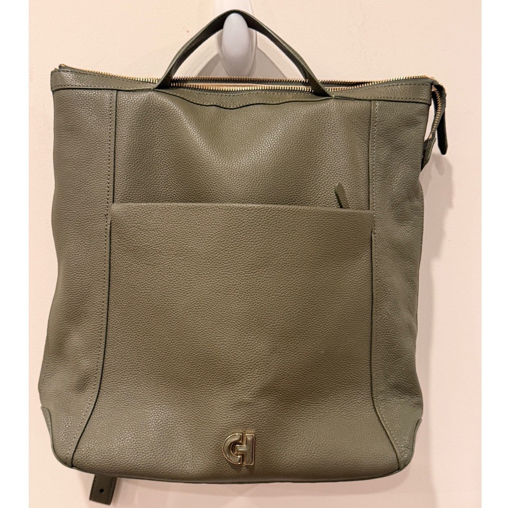 Cole Haan Grand Ambition Olive Green Pebbled Leather Backpack Bag Gold Hardware